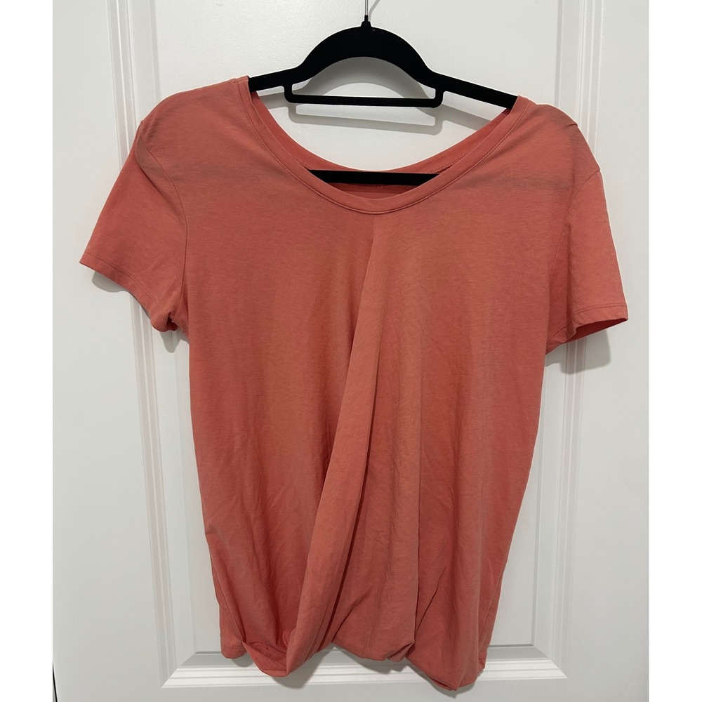 Victoria Sport Coral Pink Draped Crossover Back Short Sleeve Scoop Neck Tee S